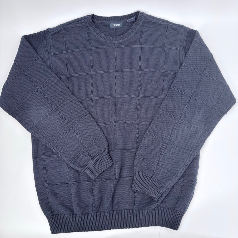 IZOD Sweater Crewneck Grid Textured Y2K Mens Size Medium Navy Blue